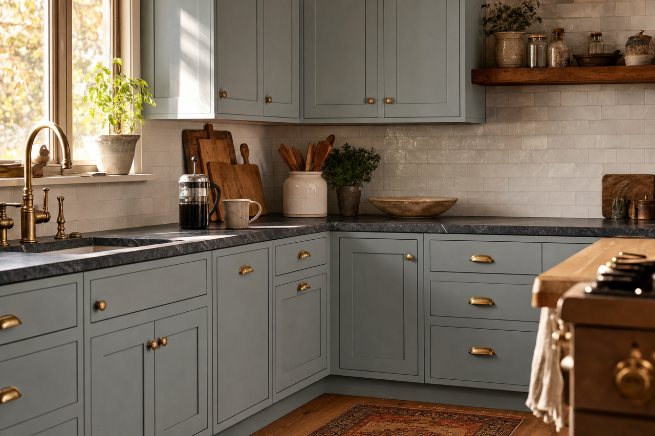 Gibraltar Cliffs by Benjamin Moore on cabinets