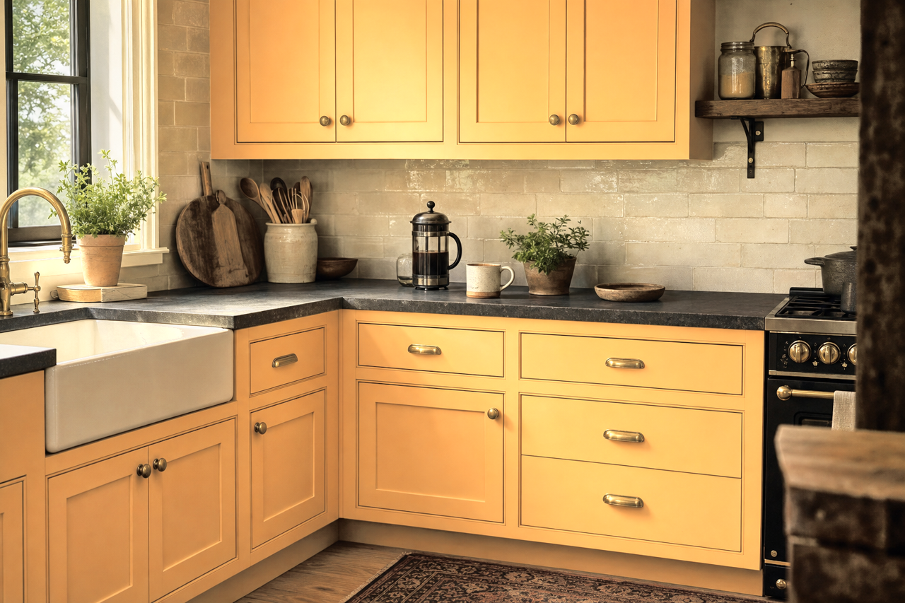 Peach Crisp by Benjamin Moore on cabinets
