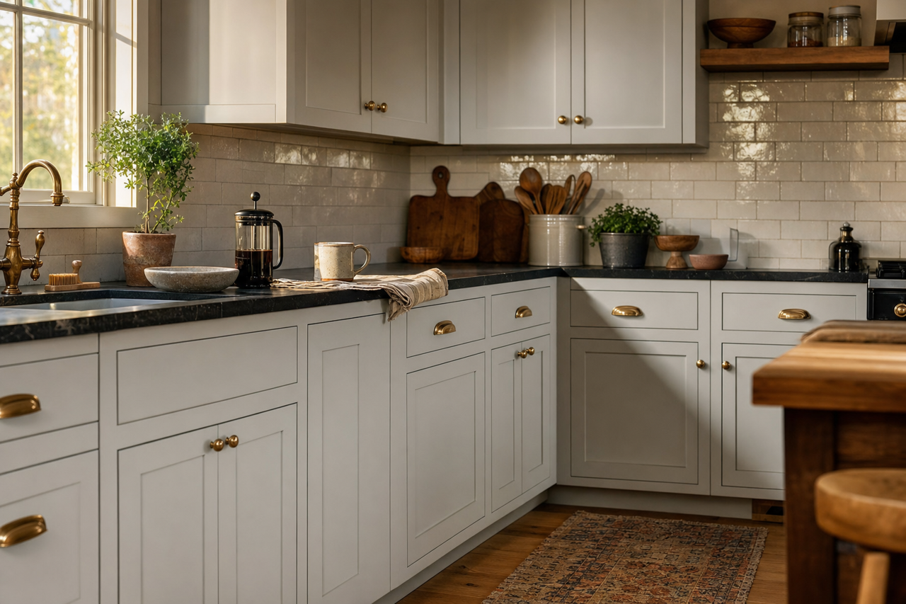 Pebble Beach by Benjamin Moore on cabinets