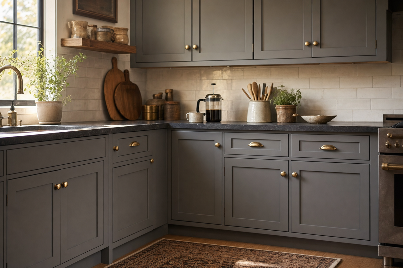 Gunmetal by Benjamin Moore on cabinets