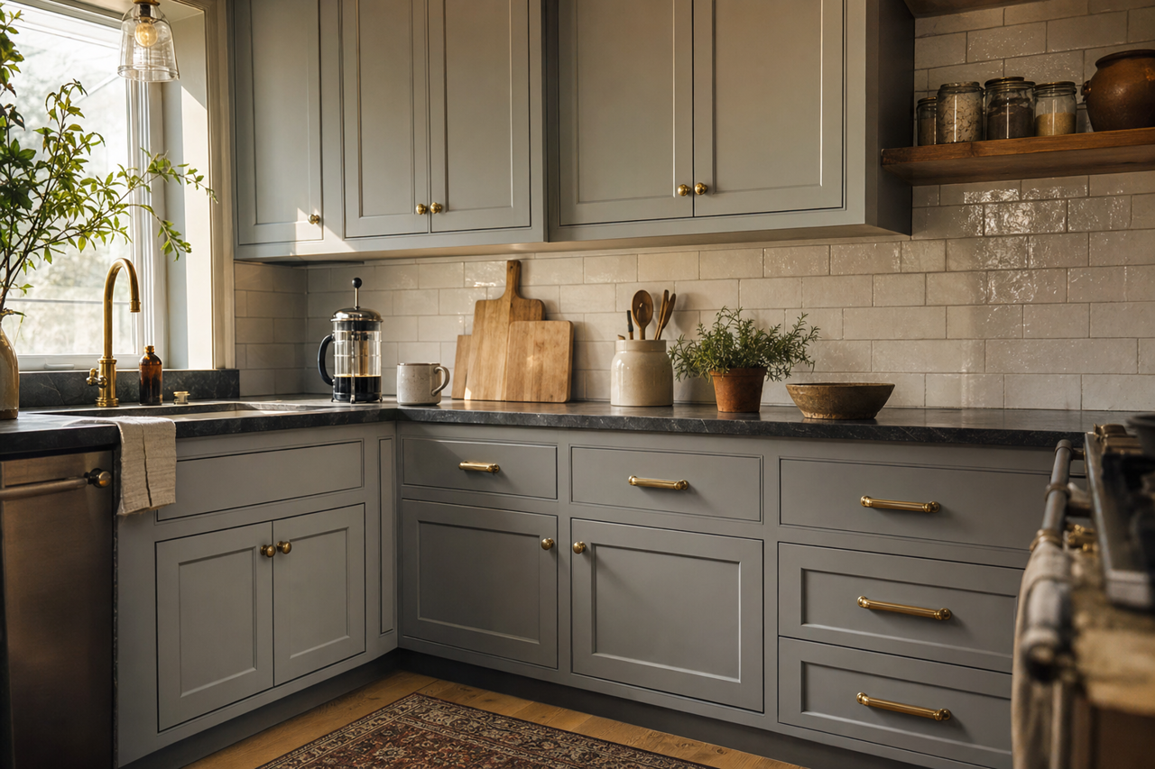 Cobblestone Path by Benjamin Moore on cabinets