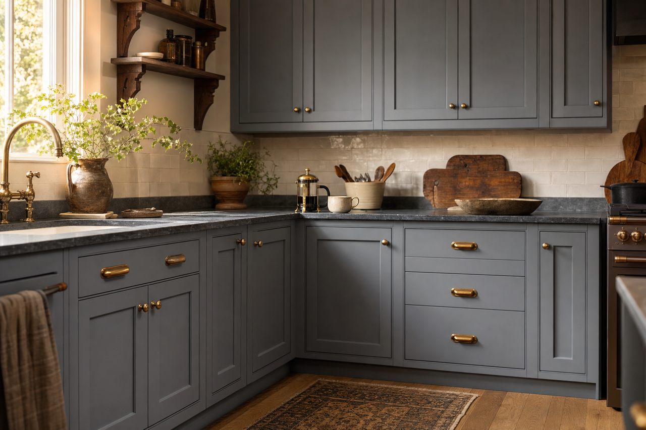 Ashland Slate by Benjamin Moore on cabinets