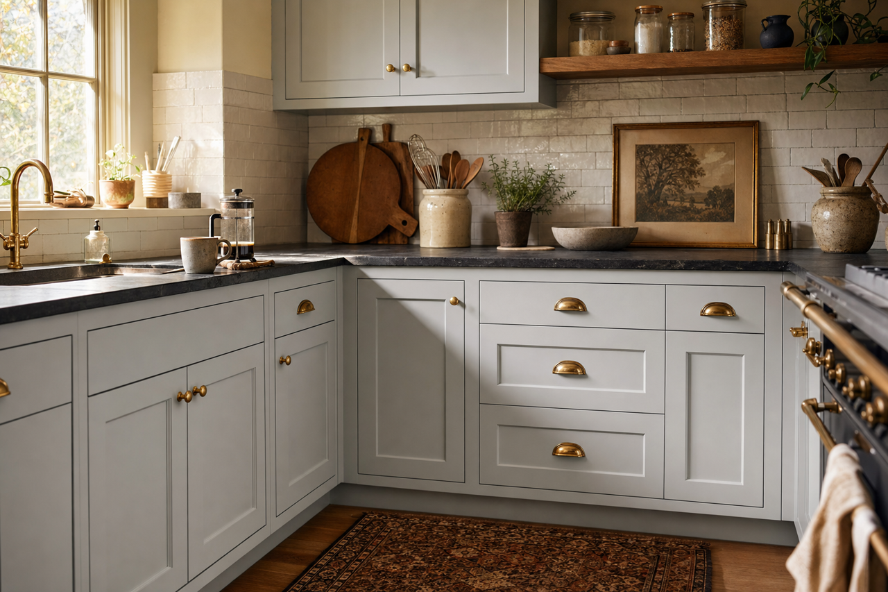 Pelican Gray by Benjamin Moore on cabinets