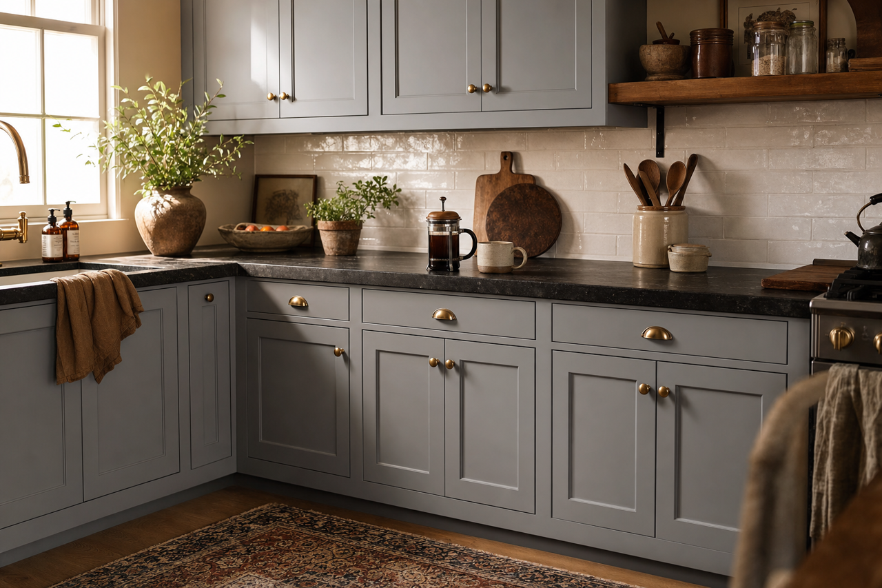 Delray Gray by Benjamin Moore on cabinets