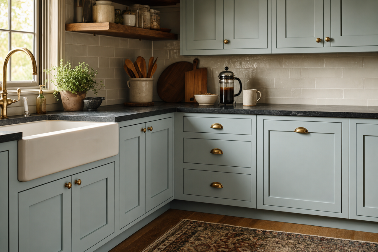 Silver Mist by Benjamin Moore on cabinets
