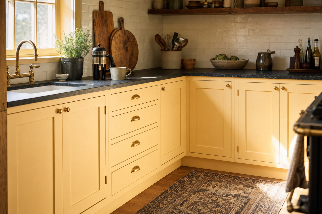 Corinthian White by Benjamin Moore on cabinets