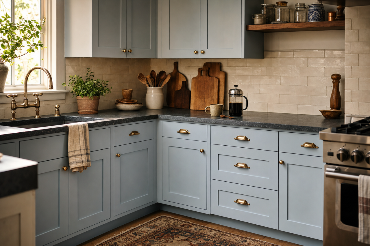 Blue Heather by Benjamin Moore on cabinets