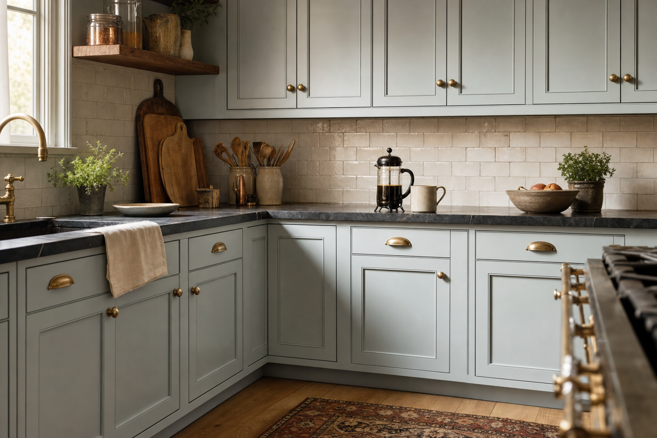 Blue Lace by Benjamin Moore on cabinets