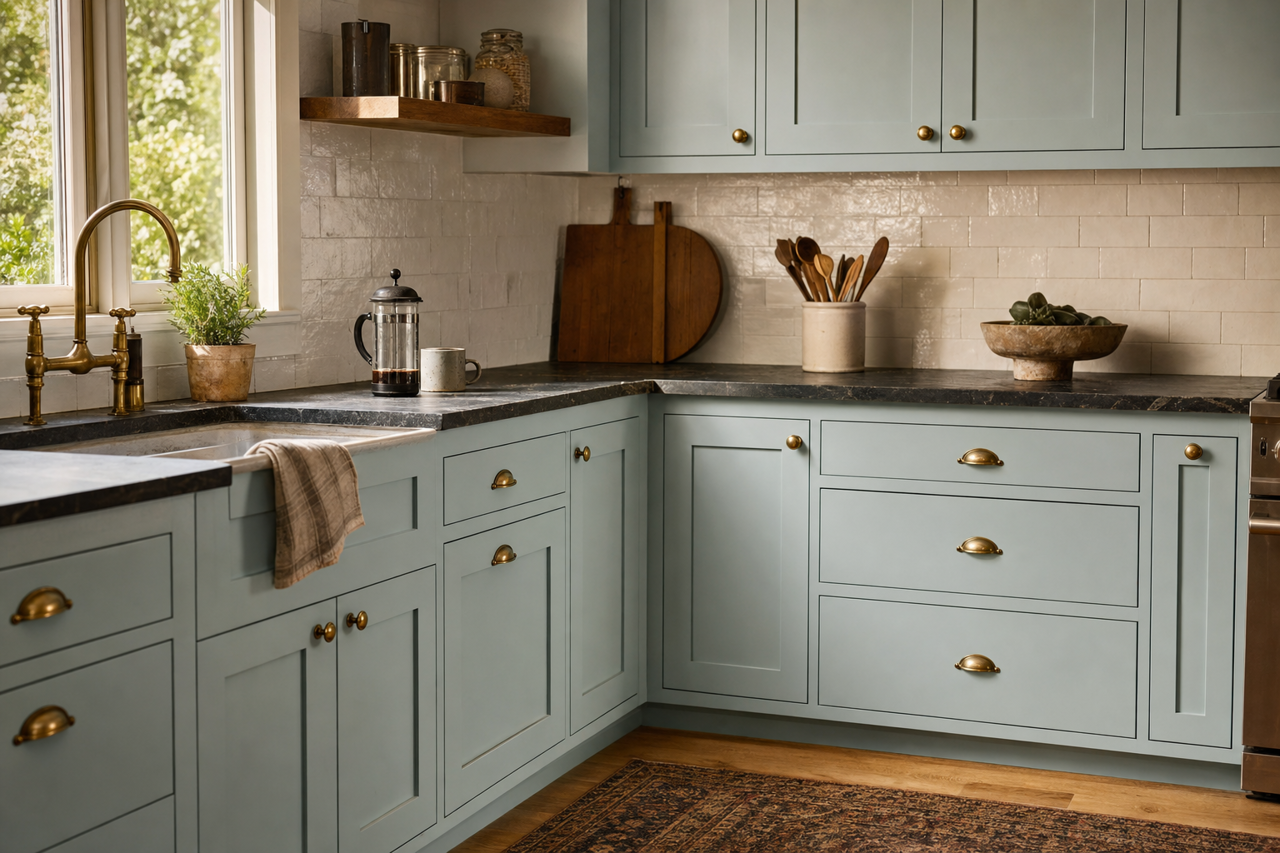 Brittany Blue by Benjamin Moore on cabinets
