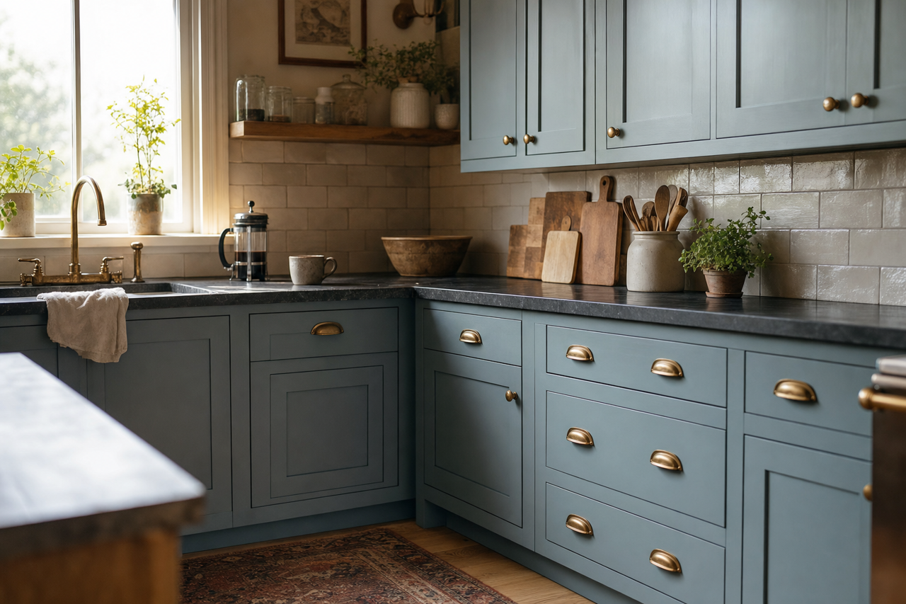 Water's Edge by Benjamin Moore on cabinets