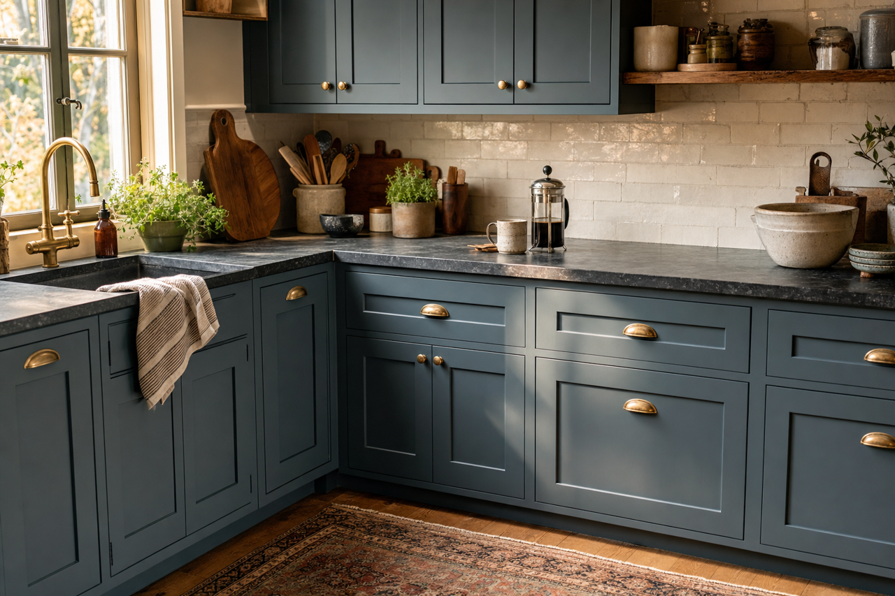 Blue Spruce by Benjamin Moore on cabinets
