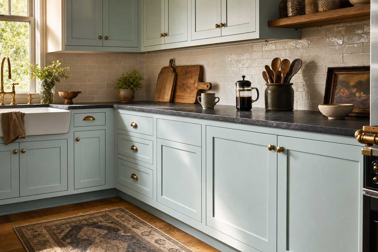 Windy by Benjamin Moore on cabinets