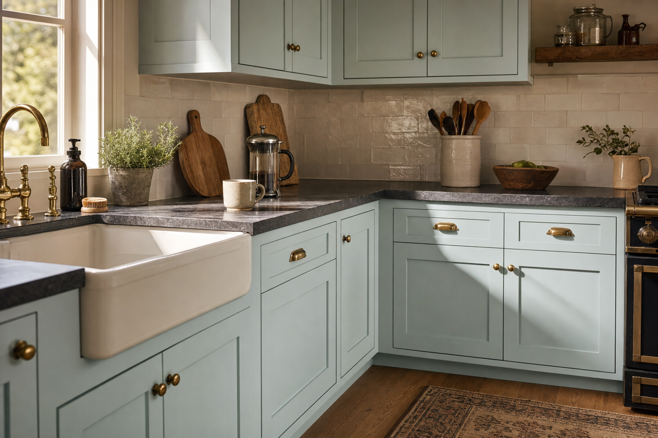 Dusky Blue by Benjamin Moore on cabinets