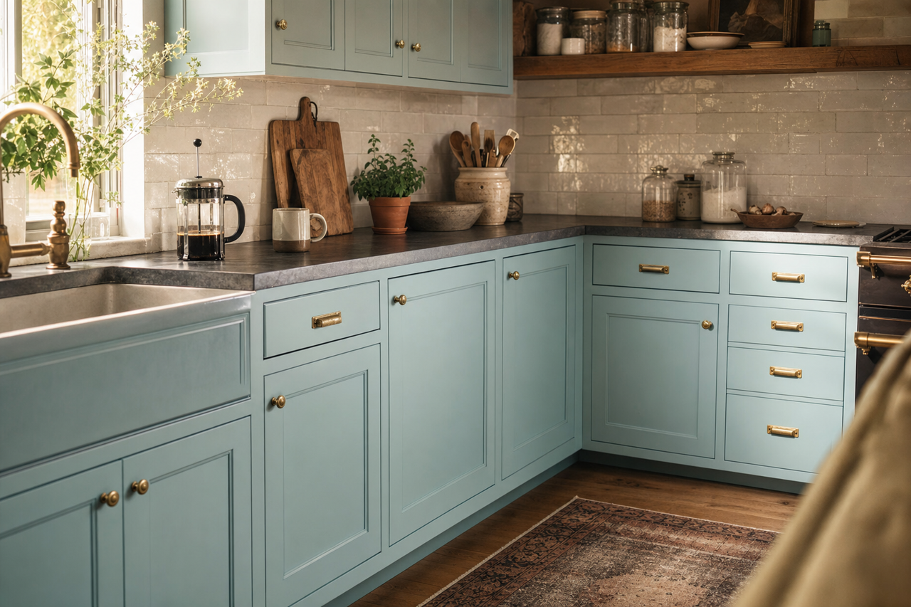 Blue by Benjamin Moore on cabinets