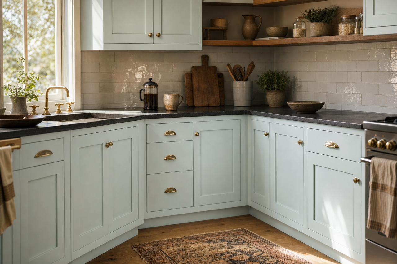 Lookout Point by Benjamin Moore on cabinets