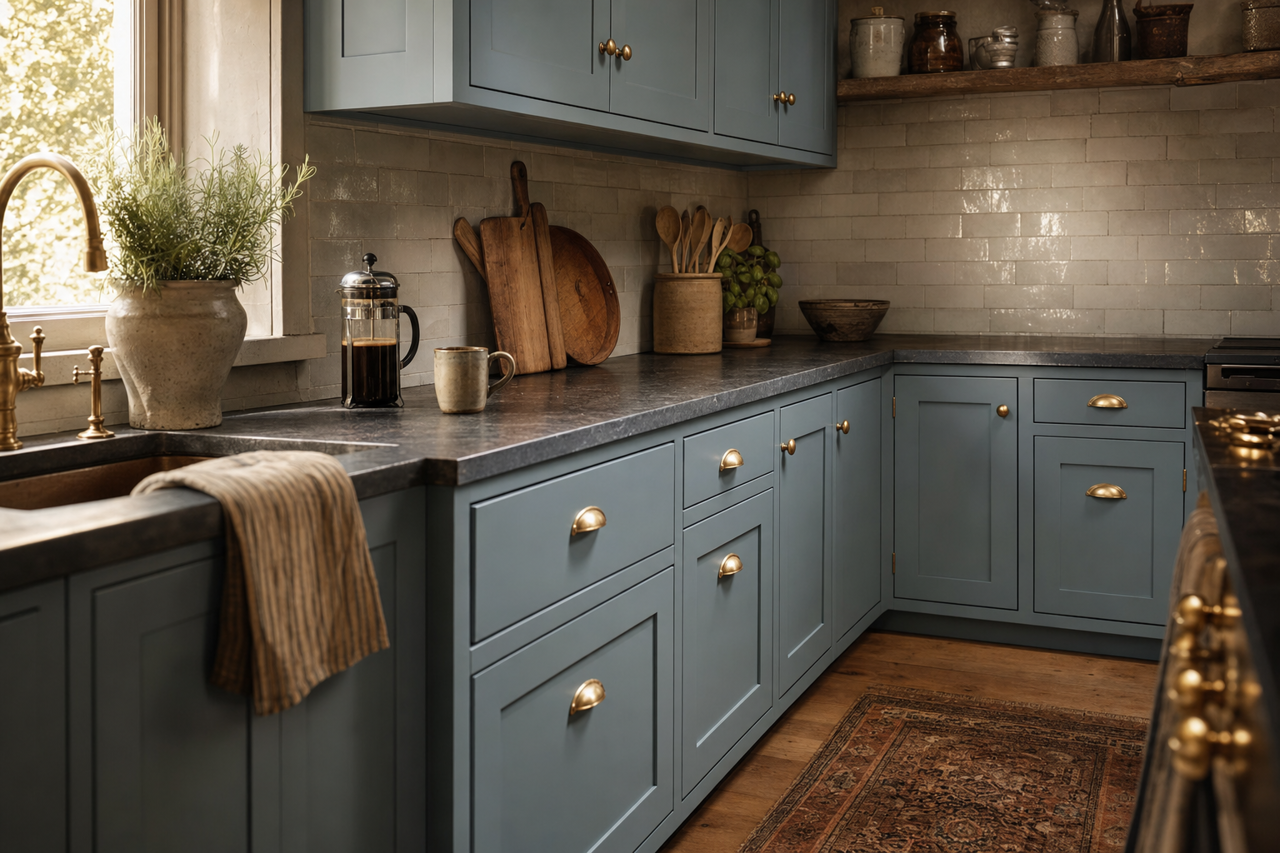 Polaris by Benjamin Moore on cabinets
