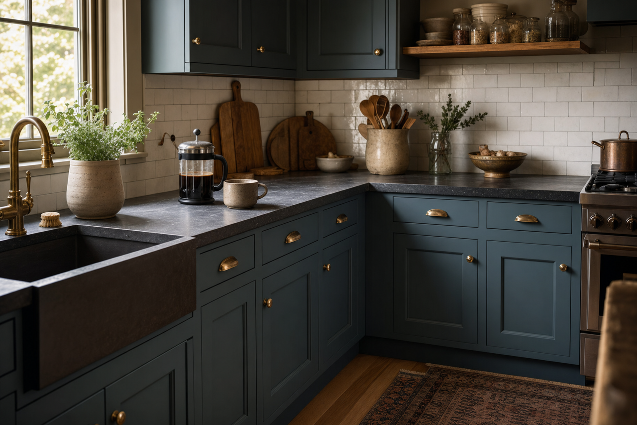 New Providence Navy by Benjamin Moore on cabinets