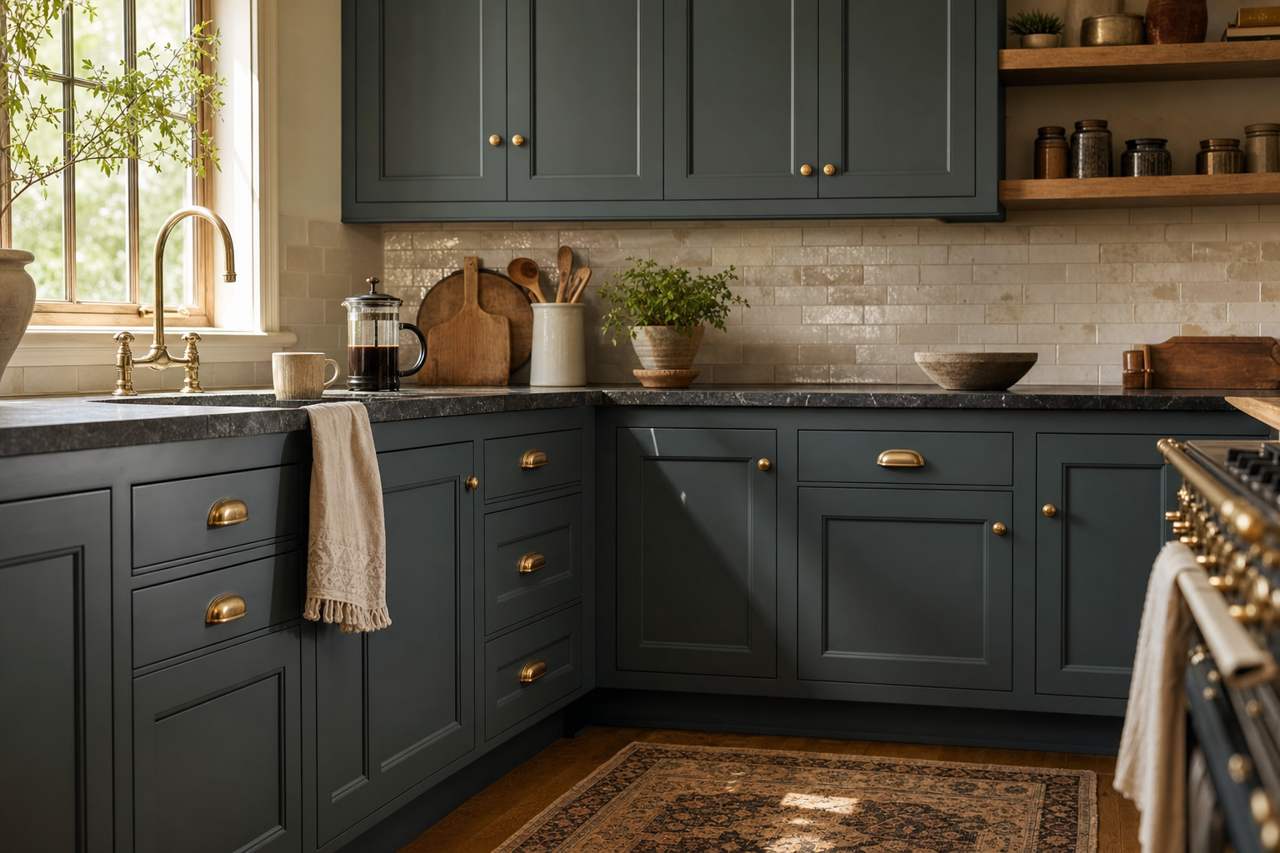 Navy Masterpiece by Benjamin Moore on cabinets