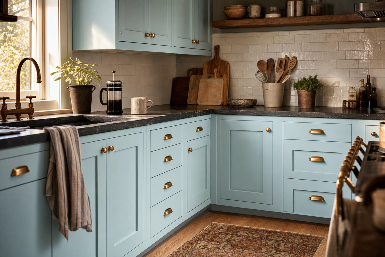 Glacier Blue by Benjamin Moore on cabinets