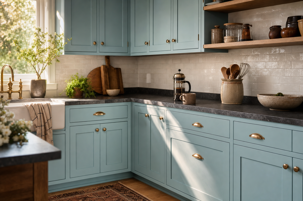 Mediterranean by Benjamin Moore on cabinets