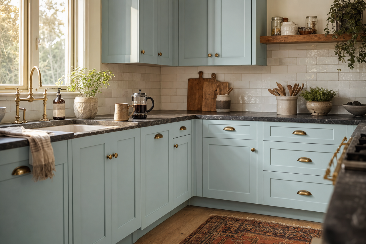 Blue by Benjamin Moore on cabinets