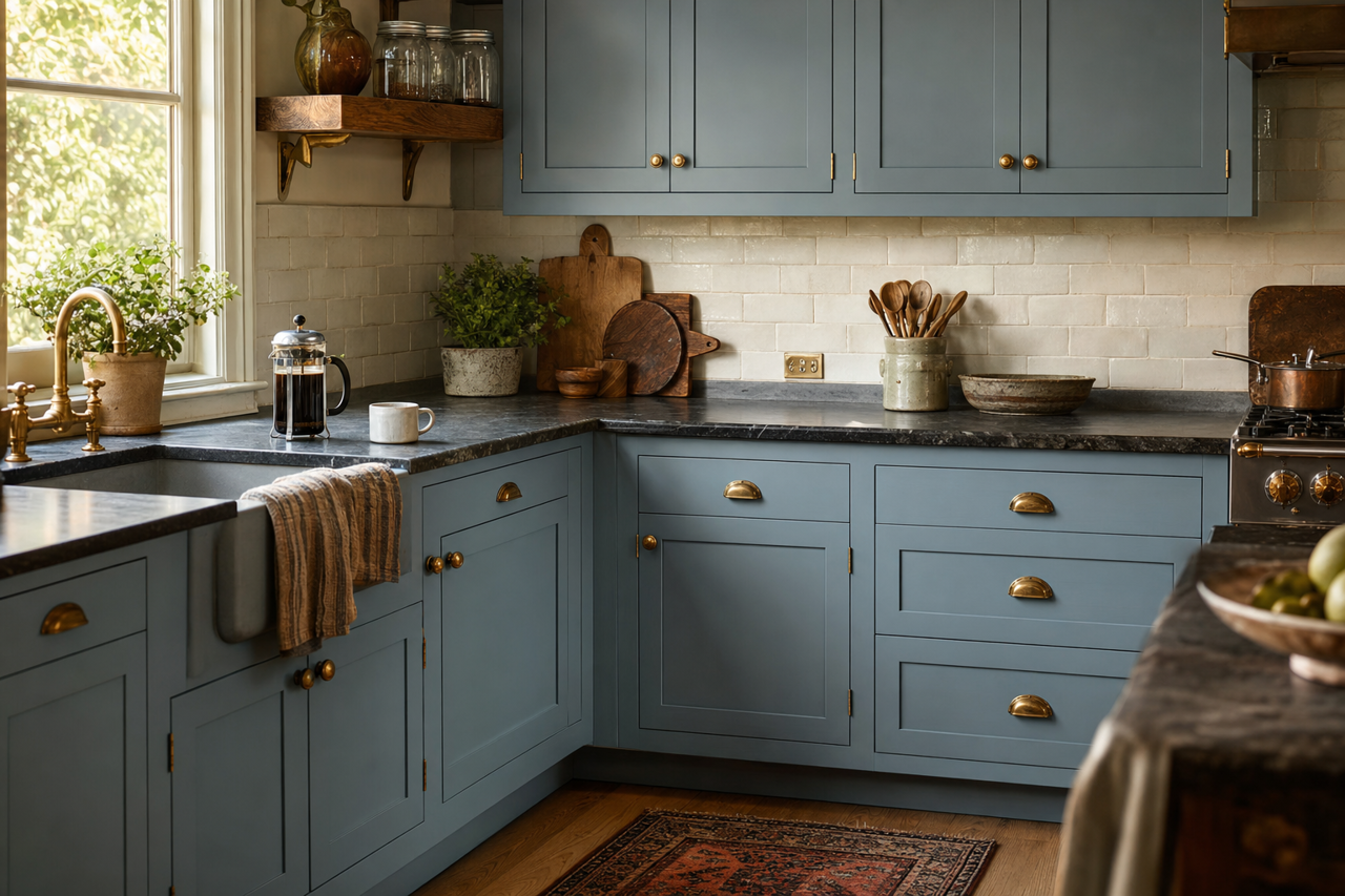 Labrador Blue by Benjamin Moore on cabinets