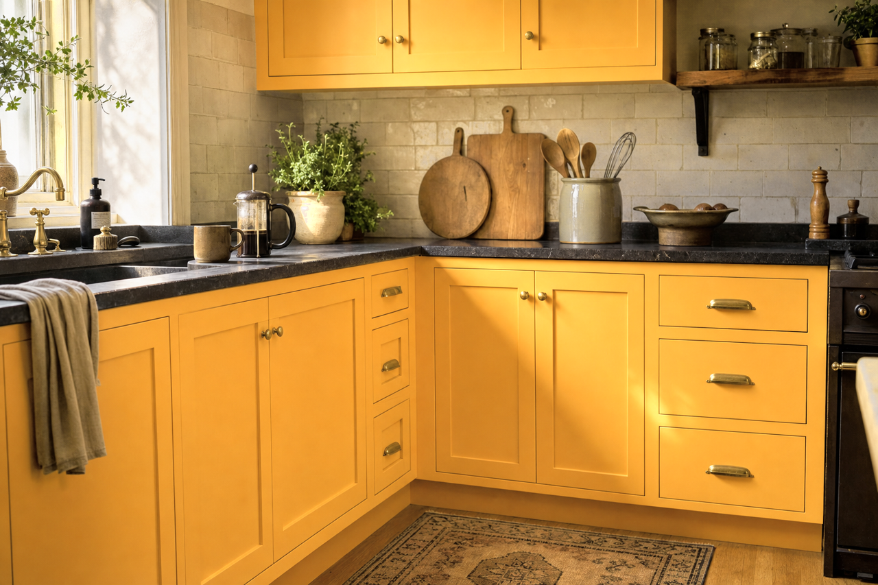 Sunflower by Benjamin Moore on cabinets