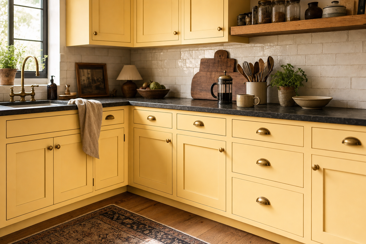 Goldtone by Benjamin Moore on cabinets