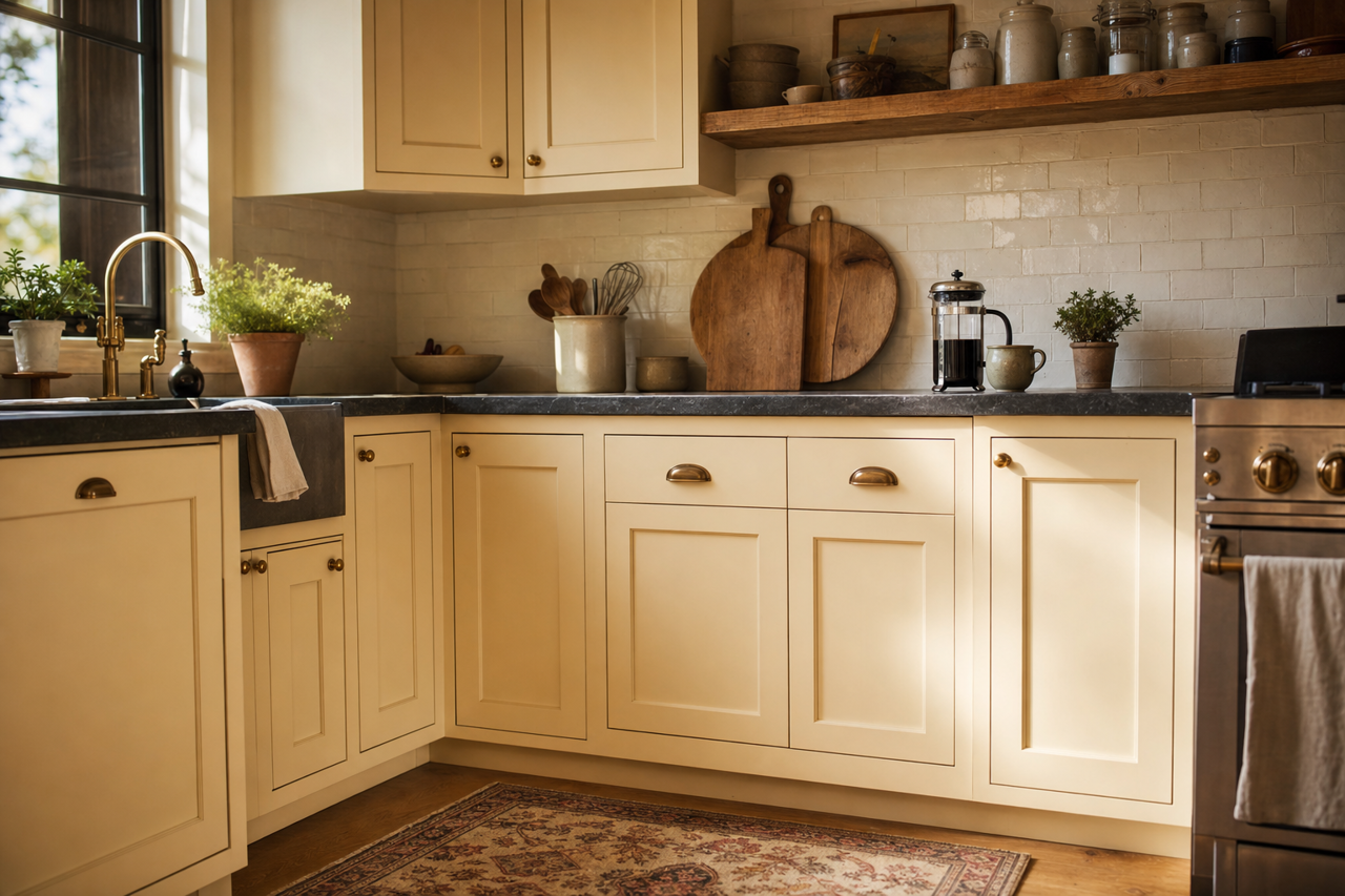 Ivory Lustre by Benjamin Moore on cabinets