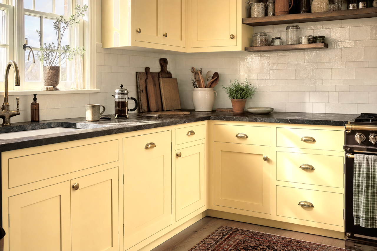 Cornsilk by Benjamin Moore on cabinets