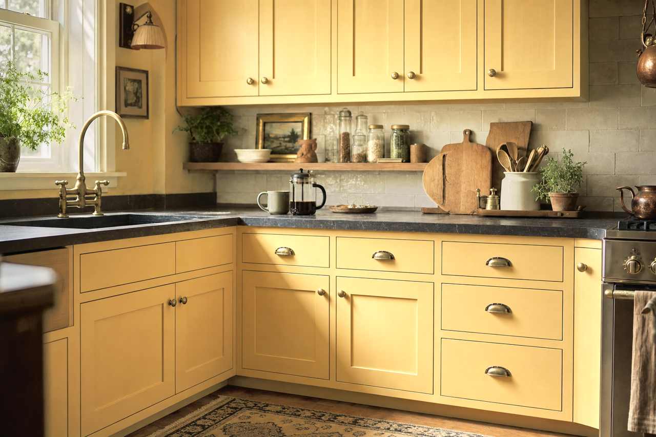 Westminster Gold by Benjamin Moore on cabinets