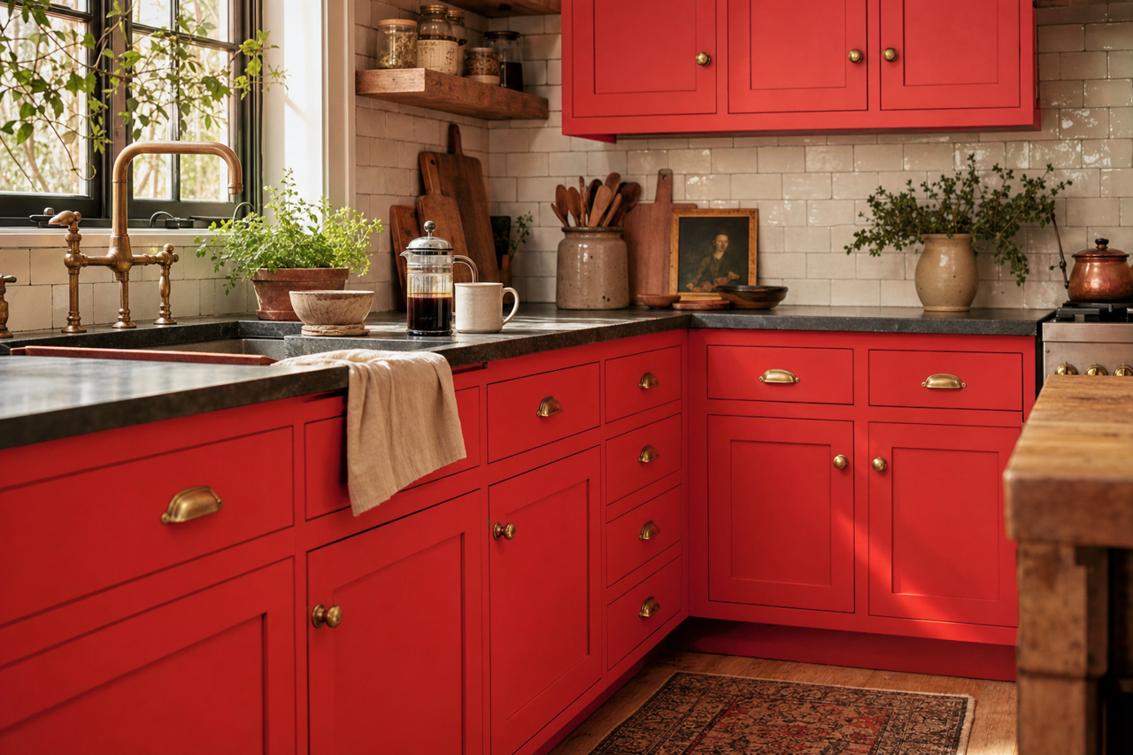 Red by Benjamin Moore on cabinets