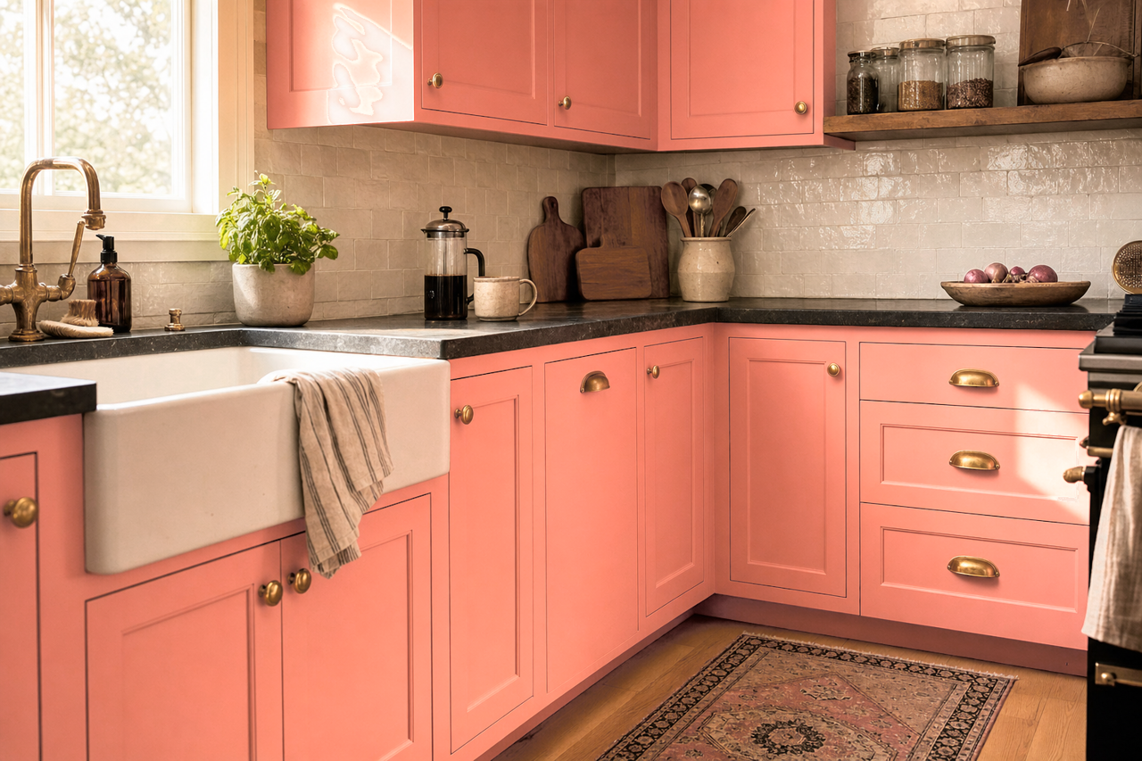 Poppy Petal by Valspar on cabinets