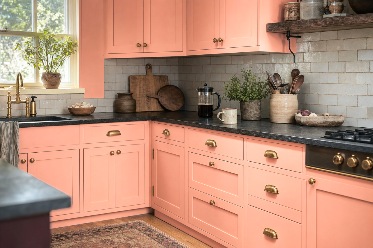 Simply Coral by Valspar on cabinets