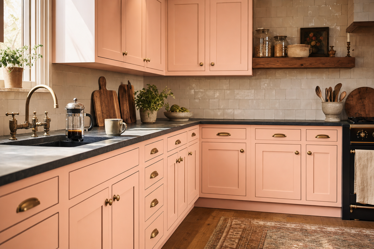 Coral Mist by Valspar on cabinets