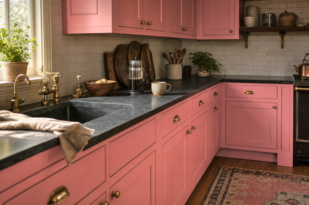 Strawberry Pink by Valspar on cabinets