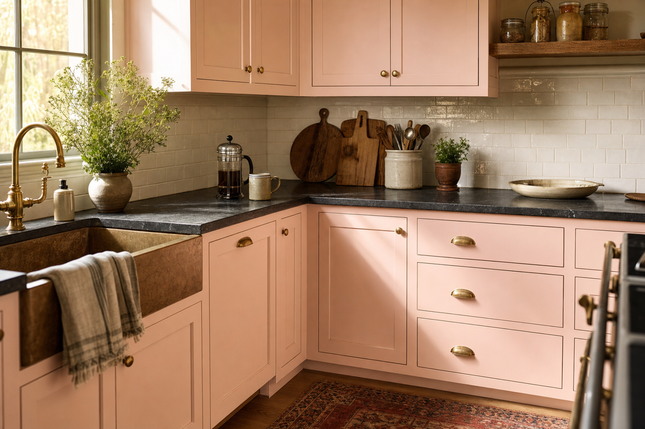 Pink Breeze by Valspar on cabinets