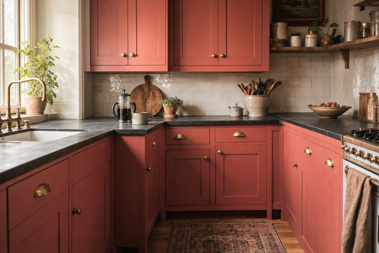 Toasted Cranberry by Valspar on cabinets
