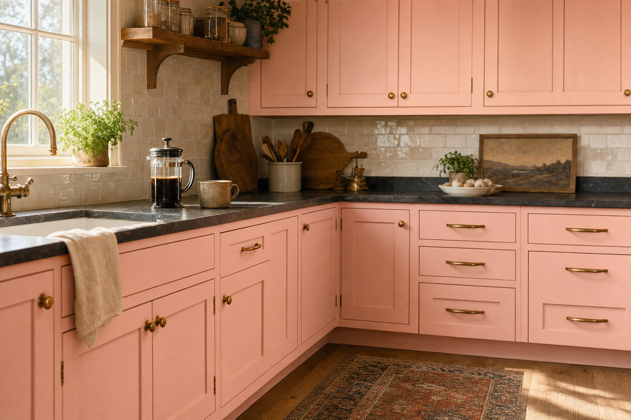 Tulip Pink by Valspar on cabinets