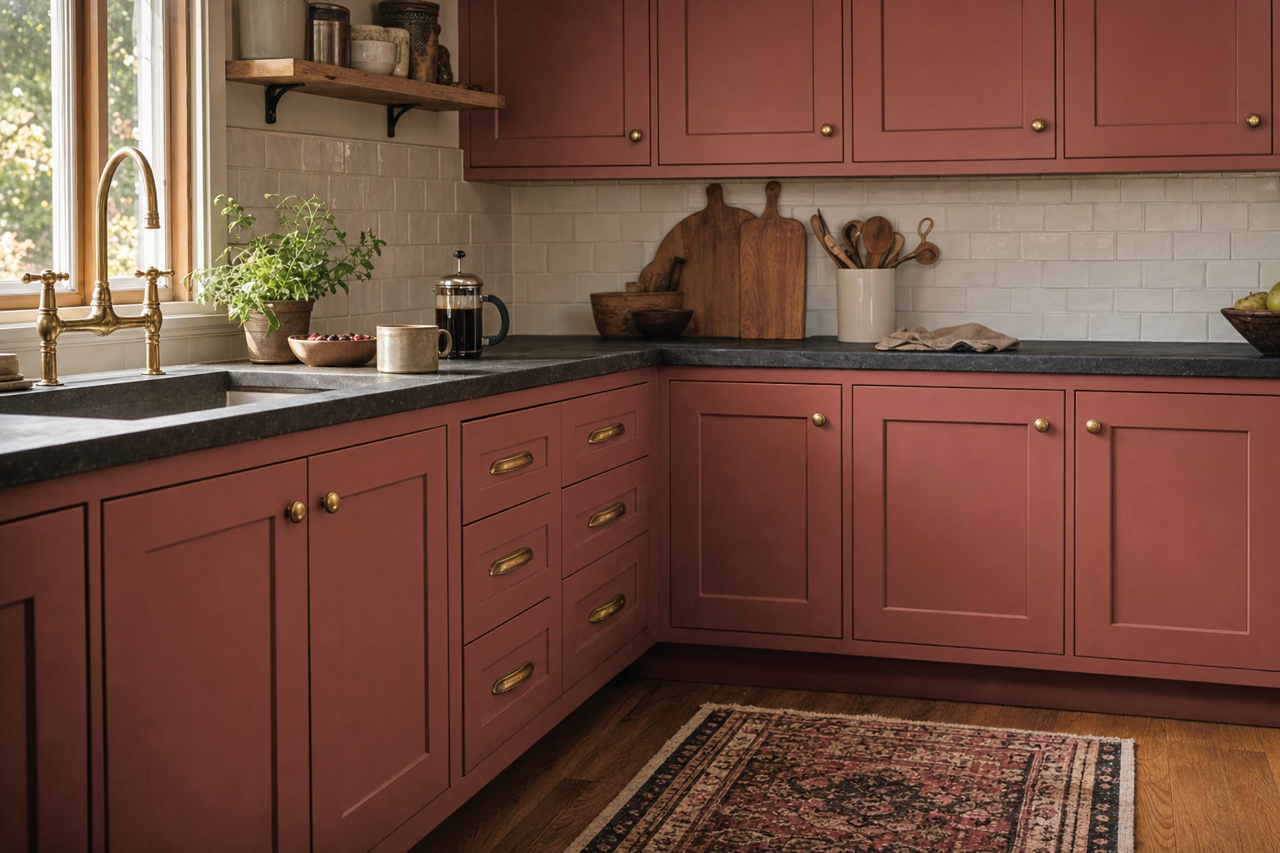 Remember Me Red by Valspar on cabinets