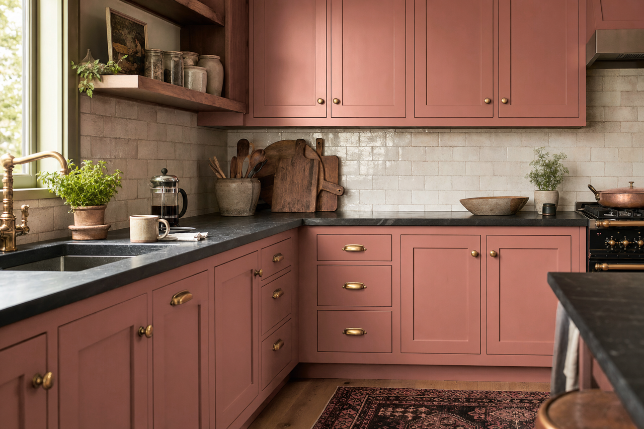 Pajarito Red by Valspar on cabinets