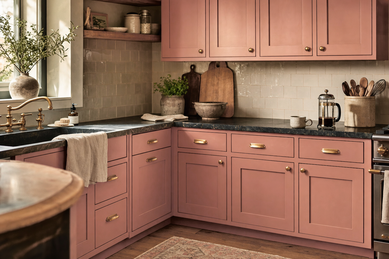 Rosy Sandstone by Valspar on cabinets