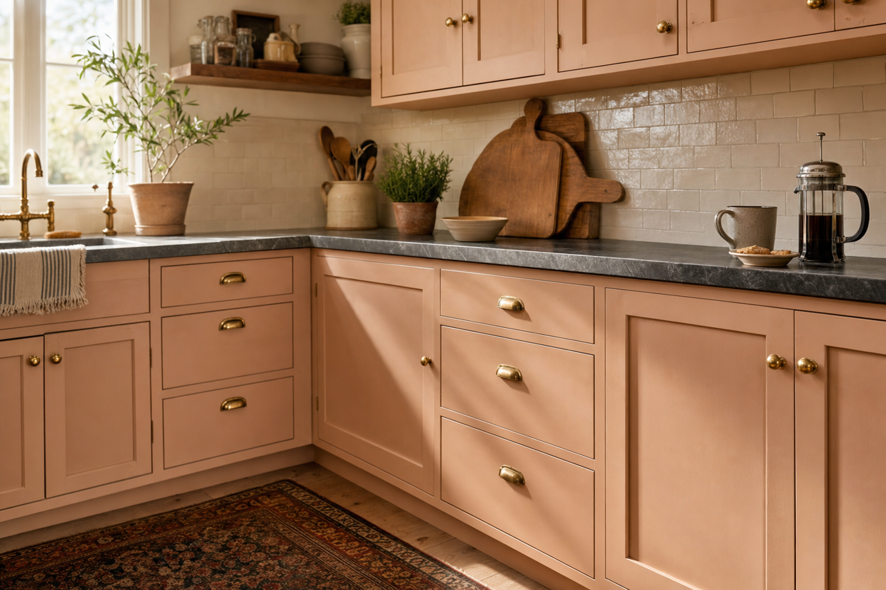 Painted Desert Sand by Valspar on cabinets
