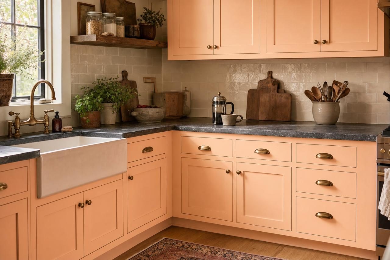 Whipped Peach by Valspar on cabinets