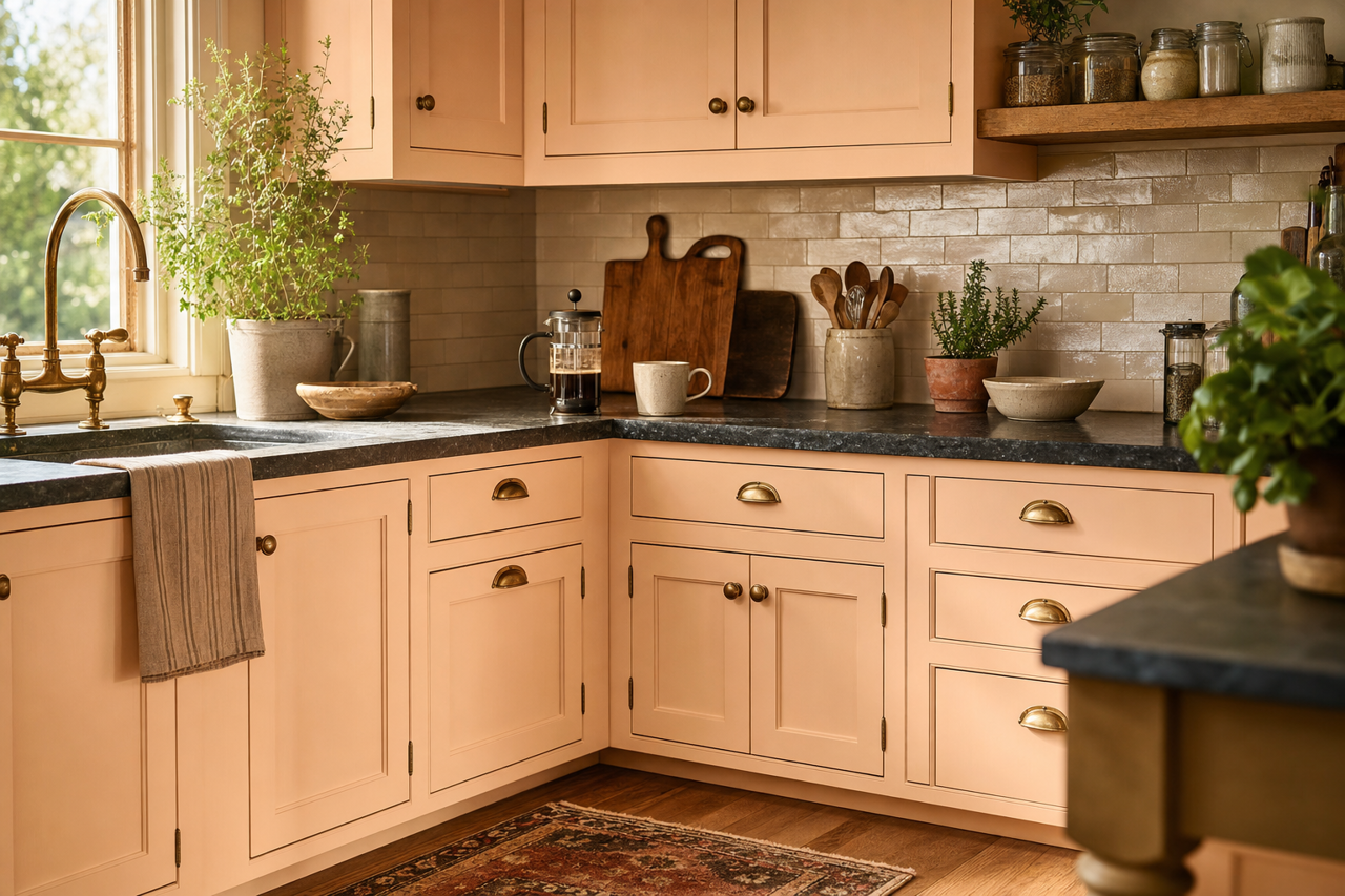 Peach Kiss by Valspar on cabinets