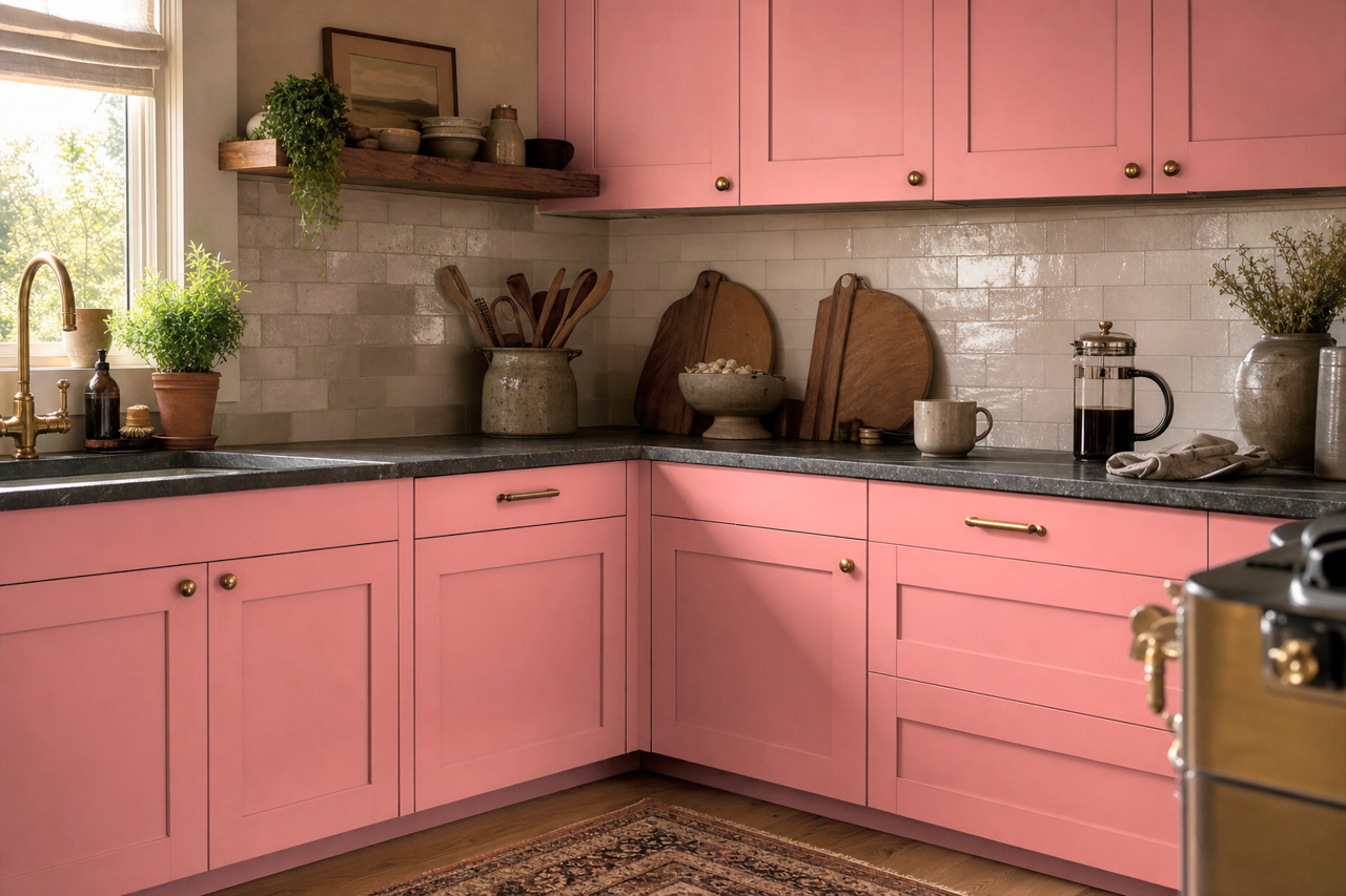 Honeysuckle Rose by Valspar on cabinets