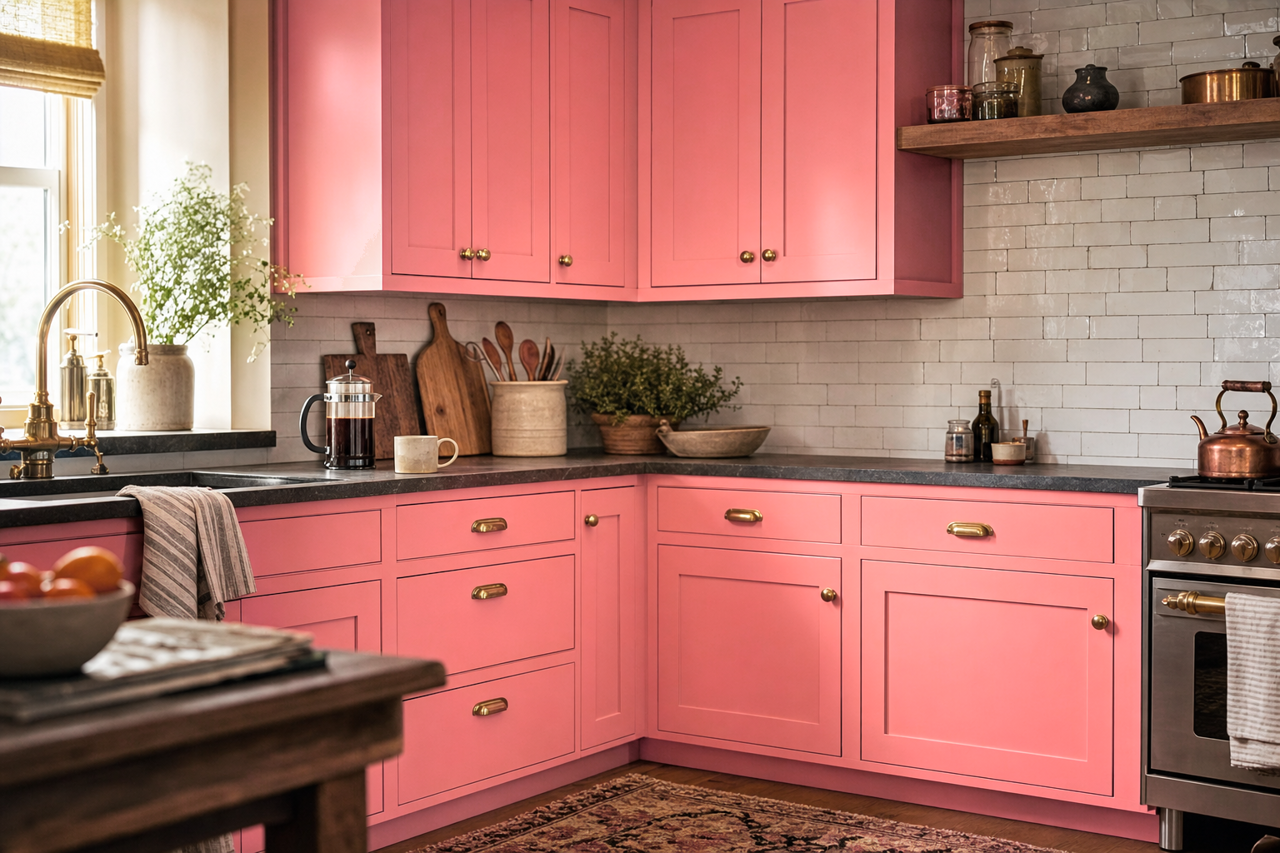 Flamingo's by Benjamin Moore on cabinets