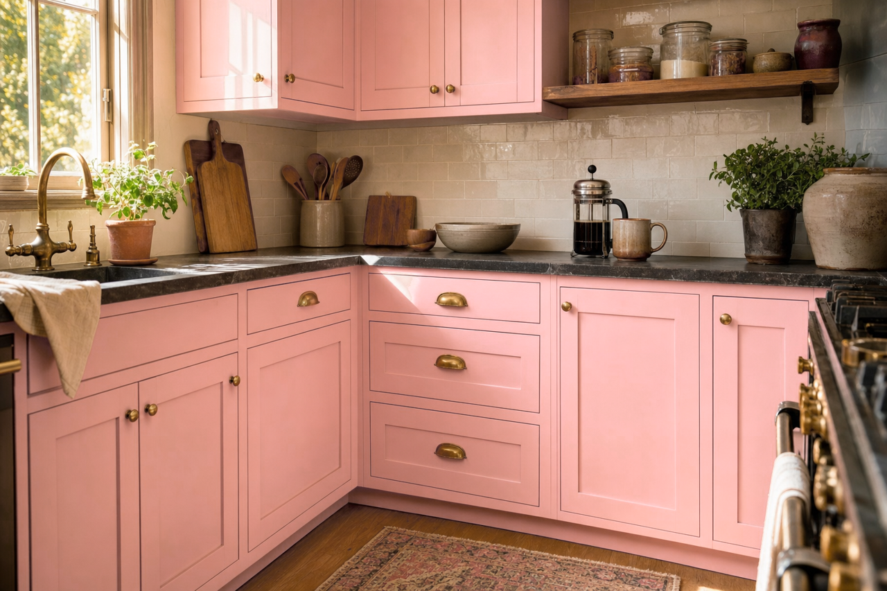 Camille Pink by Valspar on cabinets