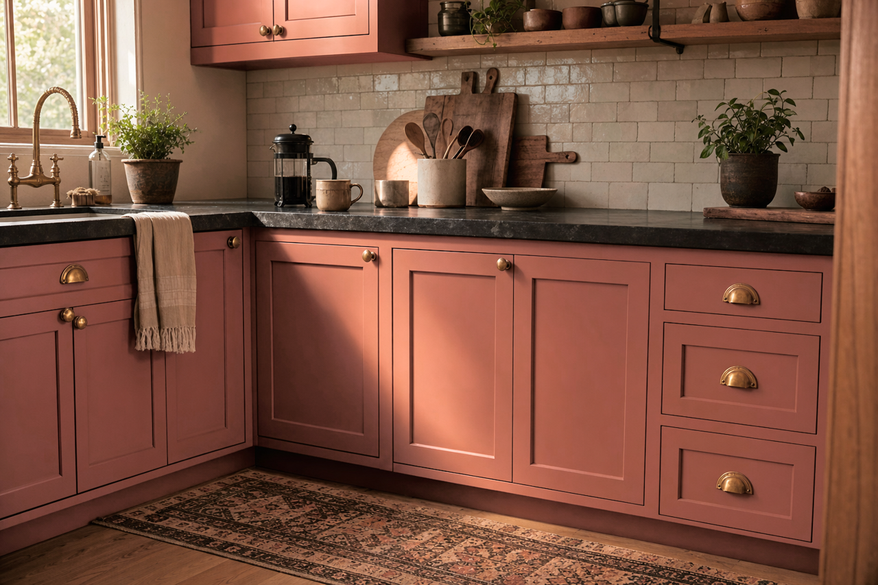 Kitchen Tile Red by Valspar on cabinets