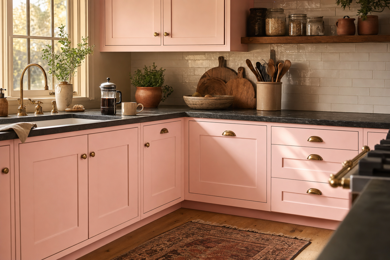 Pink by Benjamin Moore on cabinets